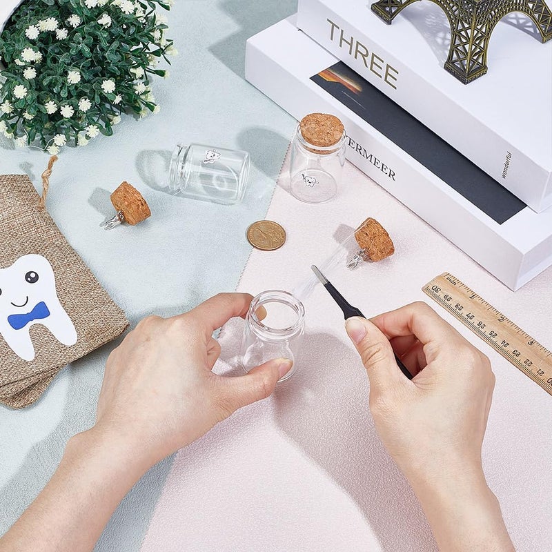 NBEADS 3 Pcs 2.17inch Tooth Storage Glass Bottles, Glass Bottles with Cork First Tooth Glass Keepsake with 3 Pcs Alloy Charms and Blue Fairy Tooth Bags for Keeping Memory - Image 3