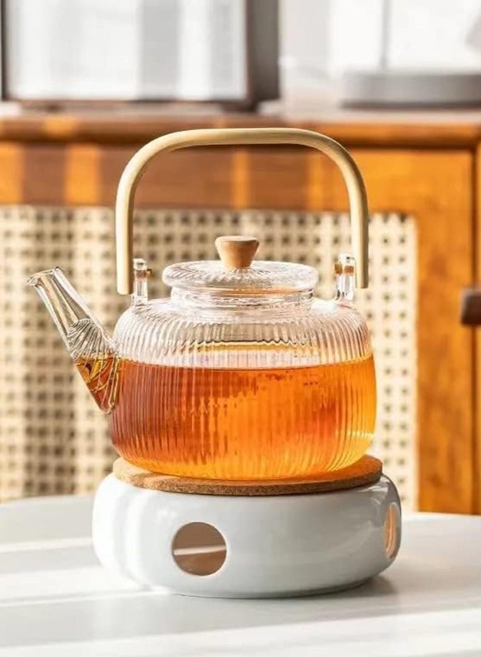 1Chase 1000ML Borosilicate Stripe Glass Teapot With Bamboo Handle for Loose Leaf Tea, Blooming Tea, Flower Tea - Image 1