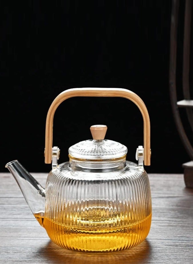 1Chase 1000ML Borosilicate Stripe Glass Teapot With Bamboo Handle for Loose Leaf Tea, Blooming Tea, Flower Tea - Image 2
