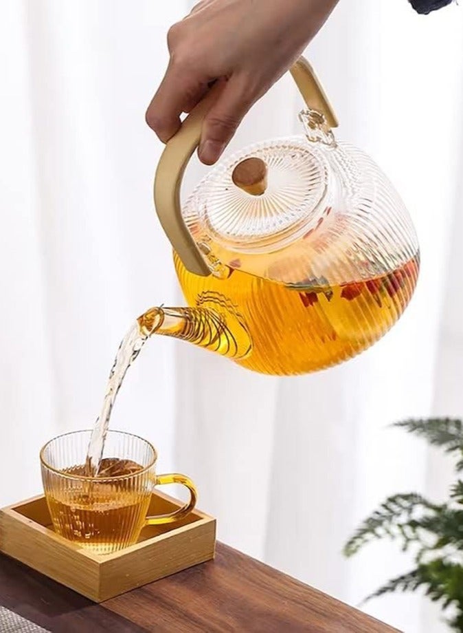 1Chase 1000ML Borosilicate Stripe Glass Teapot With Bamboo Handle for Loose Leaf Tea, Blooming Tea, Flower Tea - Image 3
