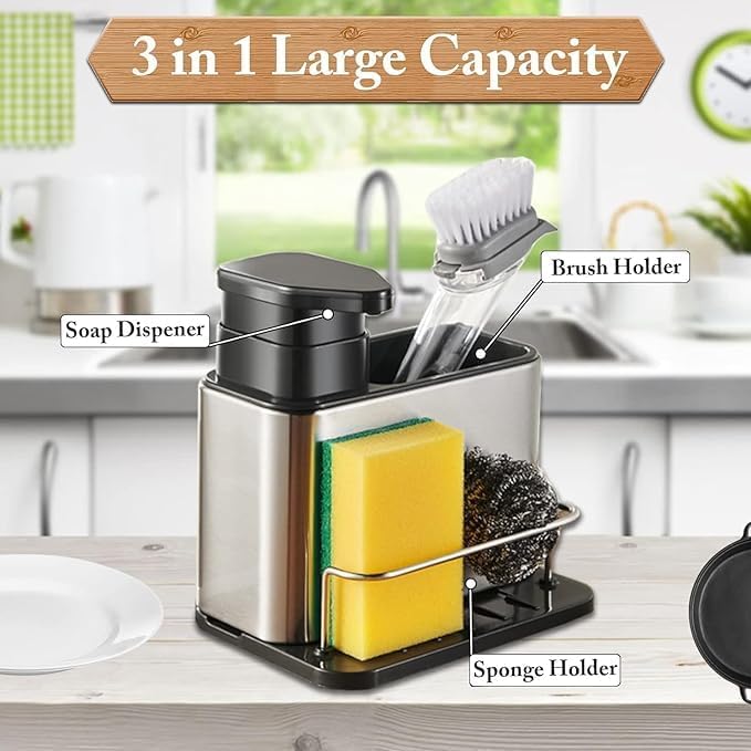 OffyBird Multifunctional 3-in-1 Sink Caddy Organizer with Soap Dispenser, Sponge Holder, and Draining Tray Stainless Steel Kitchen Sink Rack for Dishwashing Tools and Countertop Organization - Image 2