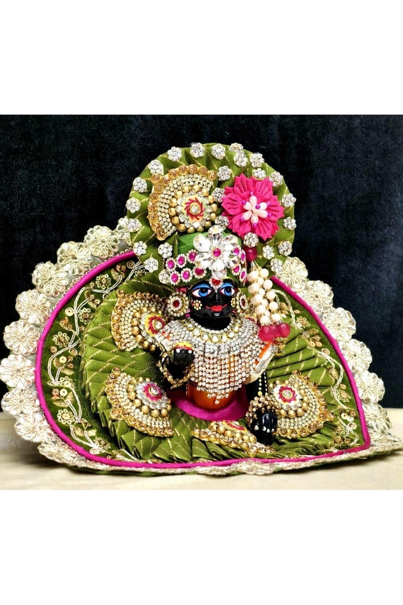 Laddu Gopal Kanha ji Fancy Dress Poshak for Janmashtami/ Heavy Dress Special for Janmashtami Handcrafted Ladoo Gopal Dress, Traditional Krishna Poshak with Crystal Embellishments, Green and Pink, Size is 8 inches, comes with magnificent matching pagdi - Image 1