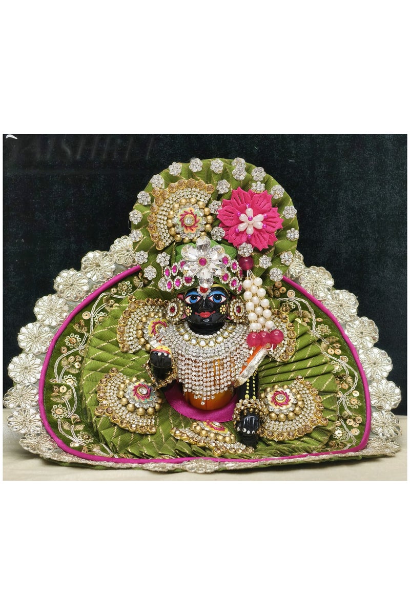 Laddu Gopal Kanha ji Fancy Dress Poshak for Janmashtami/ Heavy Dress Special for Janmashtami Handcrafted Ladoo Gopal Dress, Traditional Krishna Poshak with Crystal Embellishments, Green and Pink, Size is 8 inches, comes with magnificent matching pagdi - Image 2