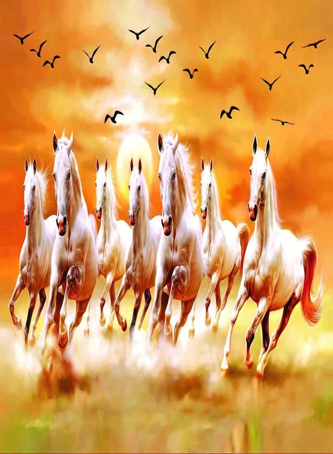 wallstop™ Vastu Seven lucky Running Horses Sunrise Art Print for wall (paper,multicolor,7 horse) ll wr18 - Image 1