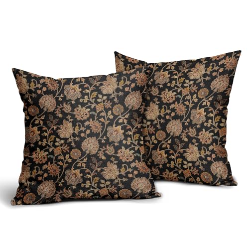 aportt Black Brown Floral Pillow Covers 18X18 Inch Set of 2 Vintage Boho Carpet Flowers Decorative Pillow Cases Leaves Plant Cotton Linen Cushion Case Farmhouse Home Decor for Sofa Couch Living Room - Image 3