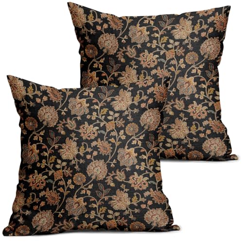 aportt Black Brown Floral Pillow Covers 18X18 Inch Set of 2 Vintage Boho Carpet Flowers Decorative Pillow Cases Leaves Plant Cotton Linen Cushion Case Farmhouse Home Decor for Sofa Couch Living Room - Image 1
