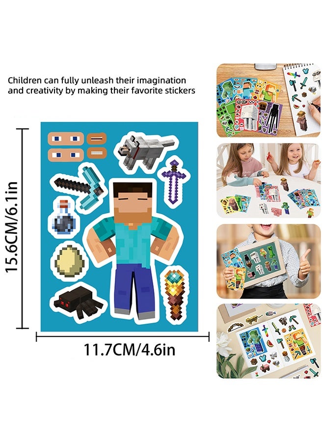 MINECRAFT Stickers for Kids 8 Sheets Make a Face Stickers, DIY Craft Set for Party Favors, Birthday Gifts, Art Projects, and Fun Activities, Miner Gaming Theme Stickers for Boys and Girls - Image 2