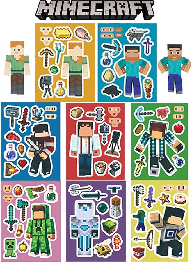 MINECRAFT Stickers for Kids 8 Sheets Make a Face Stickers, DIY Craft Set for Party Favors, Birthday Gifts, Art Projects, and Fun Activities, Miner Gaming Theme Stickers for Boys and Girls - Image 1