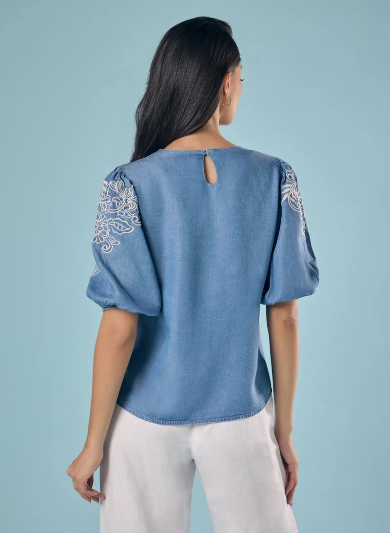 Zigzag Embroidery And Cut Work Tencel Top