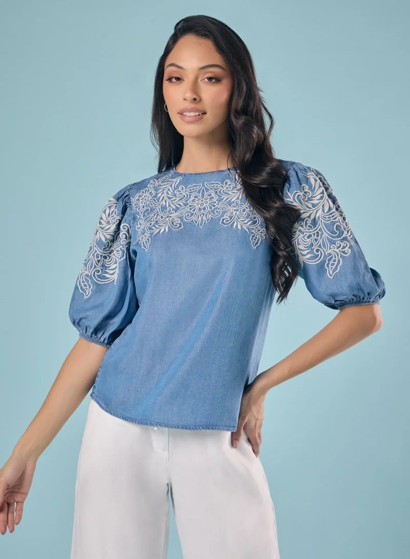 Zigzag Embroidery And Cut Work Tencel Top
