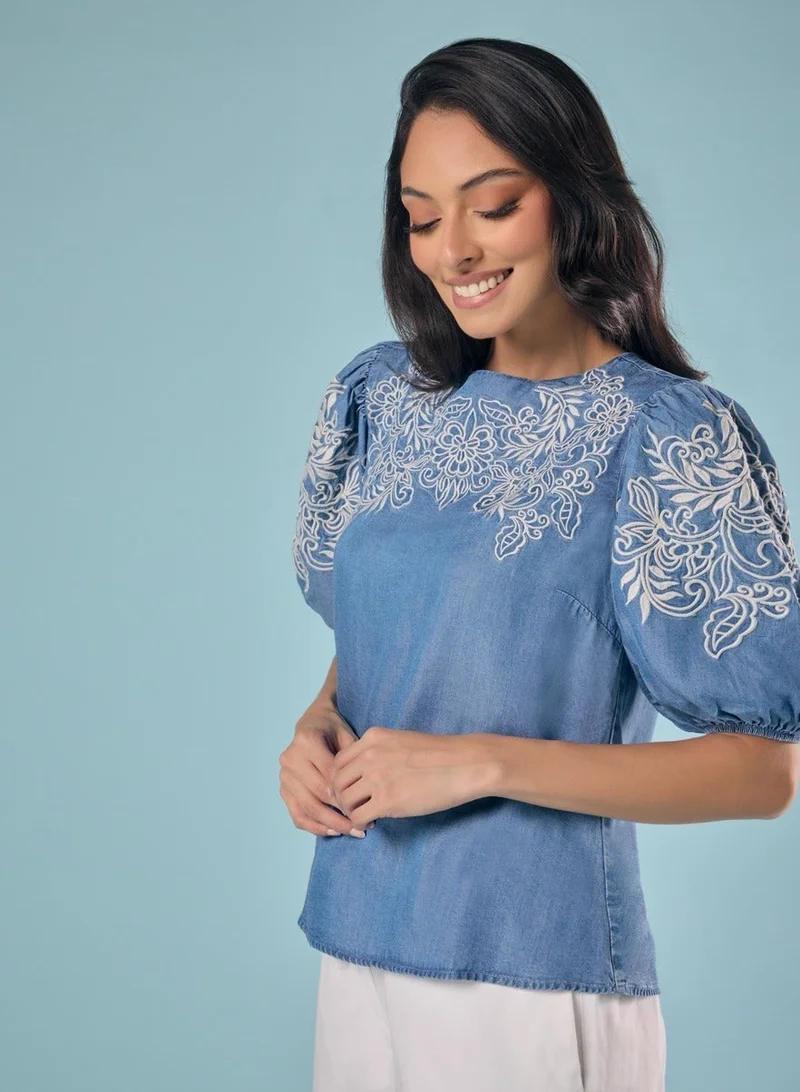 Zigzag Embroidery And Cut Work Tencel Top