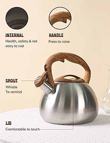 BELANKO 2.7 Quart Tea Kettle for Stovetops - Food Grade Stainless Steel Teapot with Loud Whistle, Cool-Touch Wood Pattern Handle, Rust-Resistant Whistling Kettle - Classic Silver - Image 4