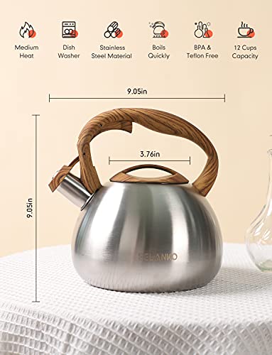 BELANKO 2.7 Quart Tea Kettle for Stovetops - Food Grade Stainless Steel Teapot with Loud Whistle, Cool-Touch Wood Pattern Handle, Rust-Resistant Whistling Kettle - Classic Silver - Image 5