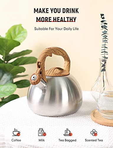 BELANKO 2.7 Quart Tea Kettle for Stovetops - Food Grade Stainless Steel Teapot with Loud Whistle, Cool-Touch Wood Pattern Handle, Rust-Resistant Whistling Kettle - Classic Silver - Image 2
