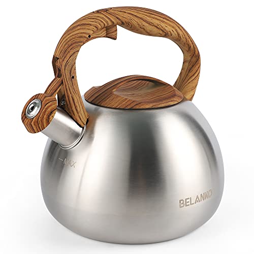 BELANKO 2.7 Quart Tea Kettle for Stovetops - Food Grade Stainless Steel Teapot with Loud Whistle, Cool-Touch Wood Pattern Handle, Rust-Resistant Whistling Kettle - Classic Silver - Image 1