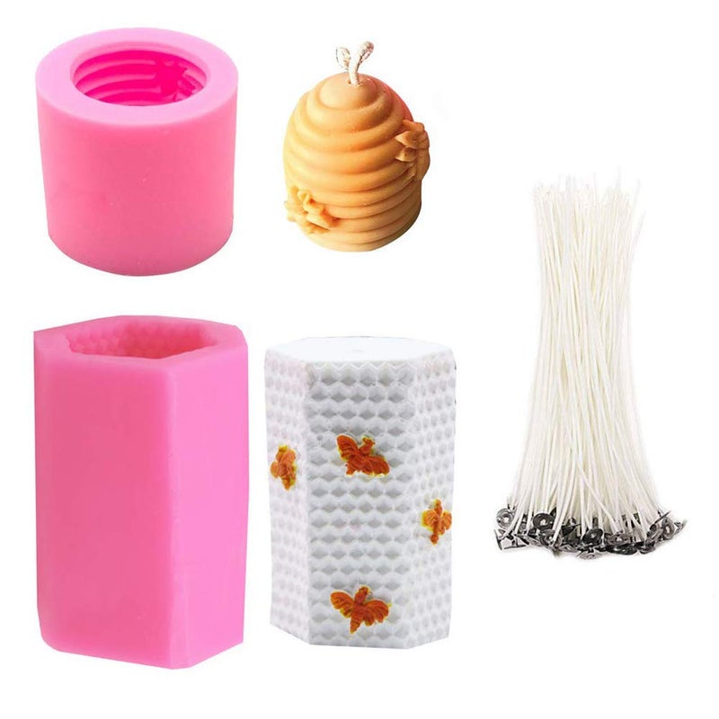 3D Bee Honeycomb Candle Molds with 50Pcs Low Smoke Candle Wicks Hexagon Beehive Silicone Molds for Making Beeswax Candles Soaps Lotion Bars Bath Bombs Set of 2
