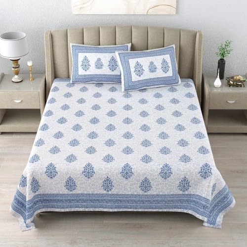 DE CAMA Since 1997 | 100% Cotton 300 TC Premium King Size Bedsheet for Double Bed (90 x 108 Inch) with 2 Pillow Covers Set (17 x 27 Inch) Designer Printed Bedsheet Set - Booti Blue - Image 3