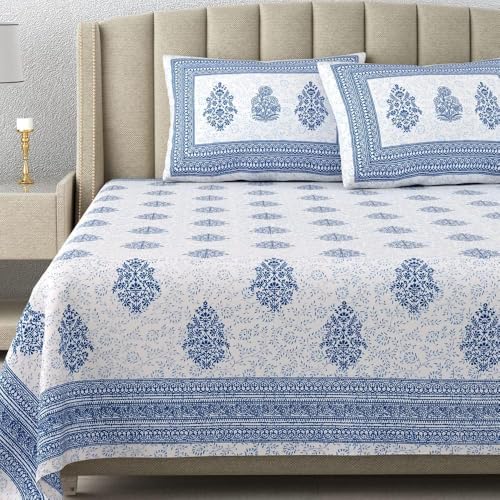 DE CAMA Since 1997 | 100% Cotton 300 TC Premium King Size Bedsheet for Double Bed (90 x 108 Inch) with 2 Pillow Covers Set (17 x 27 Inch) Designer Printed Bedsheet Set - Booti Blue - Image 1