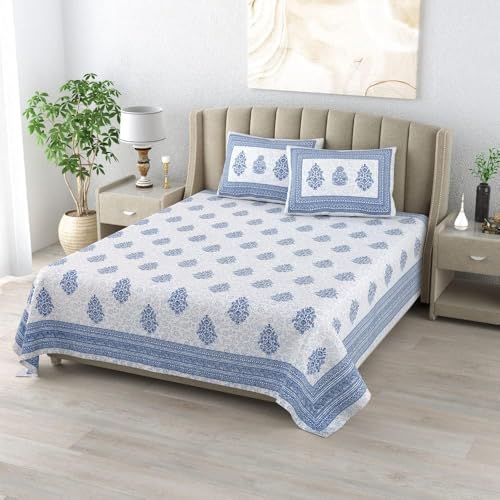DE CAMA Since 1997 | 100% Cotton 300 TC Premium King Size Bedsheet for Double Bed (90 x 108 Inch) with 2 Pillow Covers Set (17 x 27 Inch) Designer Printed Bedsheet Set - Booti Blue - Image 4