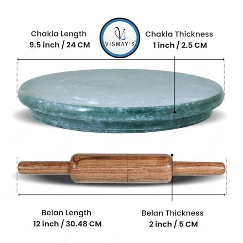 VISMAY'S VISMAY’S Marble Chakla with Wooden Belan Set 9 Inch Green Natural Stone Rolling Board and 12 Inch Wooden Rolling Pin for Roti Paratha Chapati Food Safe Non Slip (Set of 2) - Image 2