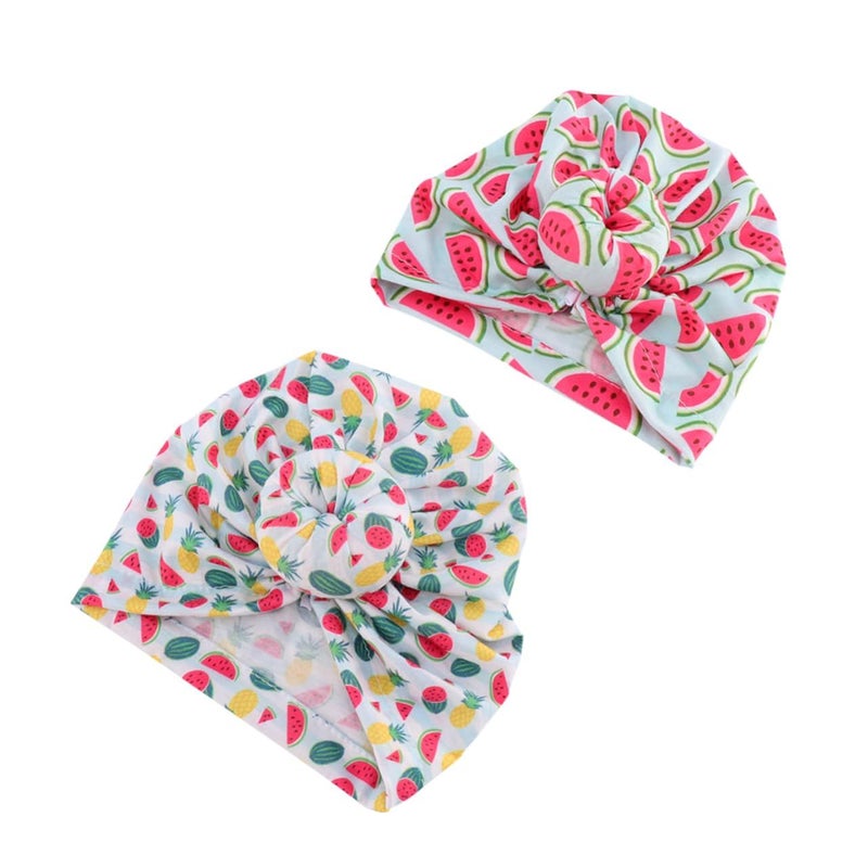 Kids Turban Hat Set 2pcs Elastic Comfortable Beanie For Infants Breathable Creative Printing Baby Headwear Everyday Use Multi Color - Image 2