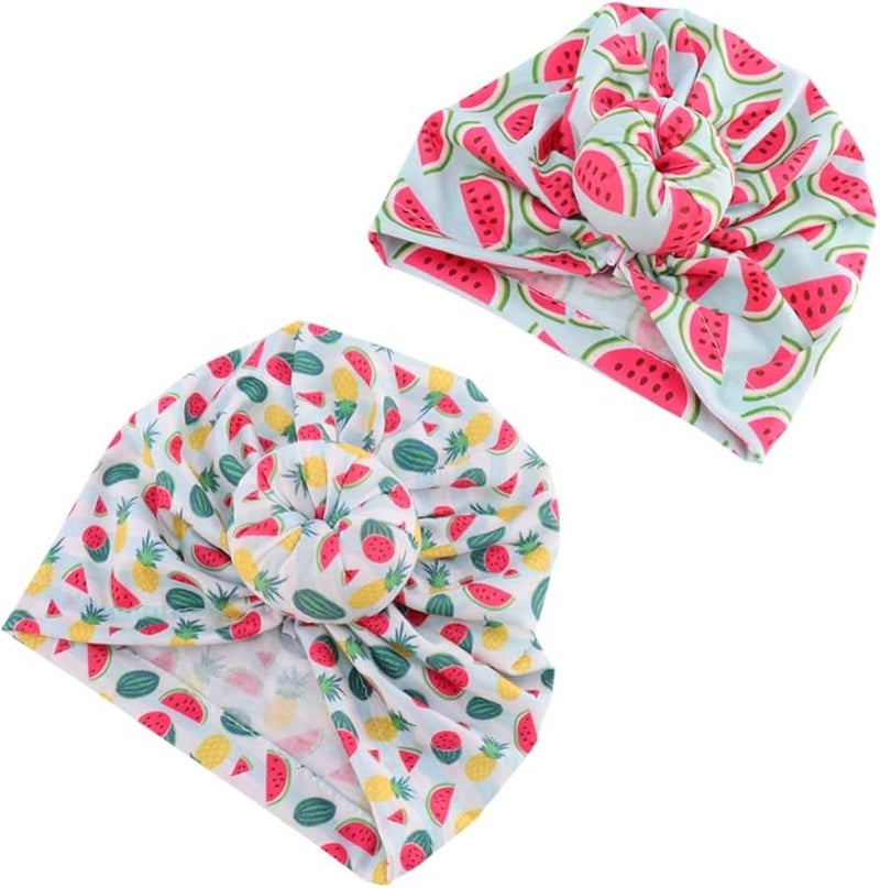 Kids Turban Hat Set 2pcs Elastic Comfortable Beanie For Infants Breathable Creative Printing Baby Headwear Everyday Use Multi Color - Image 1