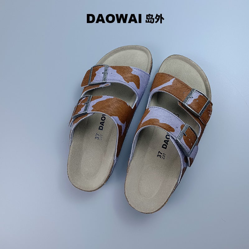 Daowai Boken Shoes Outside The Island Horse Fur Two-Strap Cork Flip Flops Retro Fashion Boston Men'S And Women'S Boken Shoes - Image 2