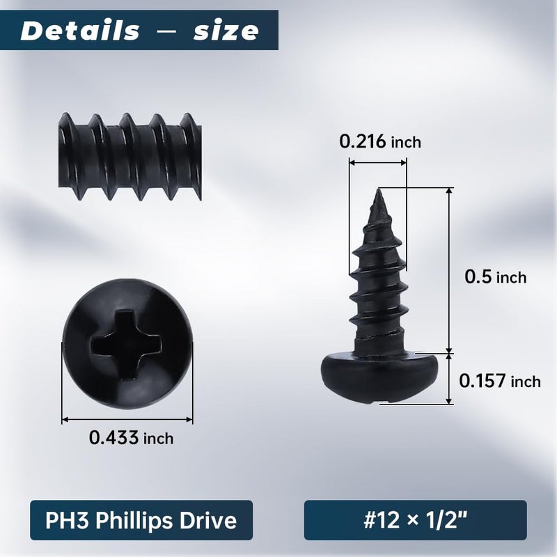 Glvaner #12 x 1/2 inch Phillips Pan Head Self Tapping Screws for Wood, Black Coated, 304 Stainless Steel 18-8, Round Head Sheet Metal Tek Screws, 40 pcs - Image 3