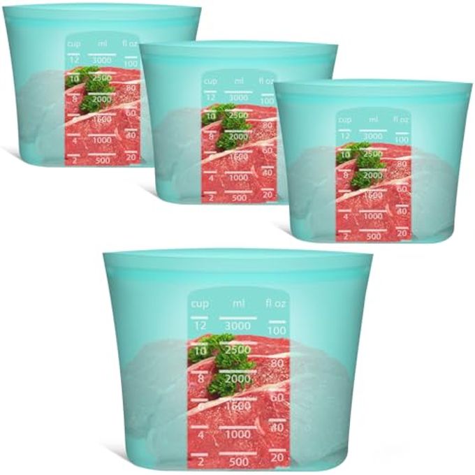 Reusable Food Storage Bags Extra Large, 0.8 Gallon/101 fl.oz/3000 ml, 4 Pack 100% Silicone Food Storage Bags Stand-Up Wide-Mouth Zip-Lock for Large Items, Freezer Microwave Oven Dishwasher Safe, Aqua