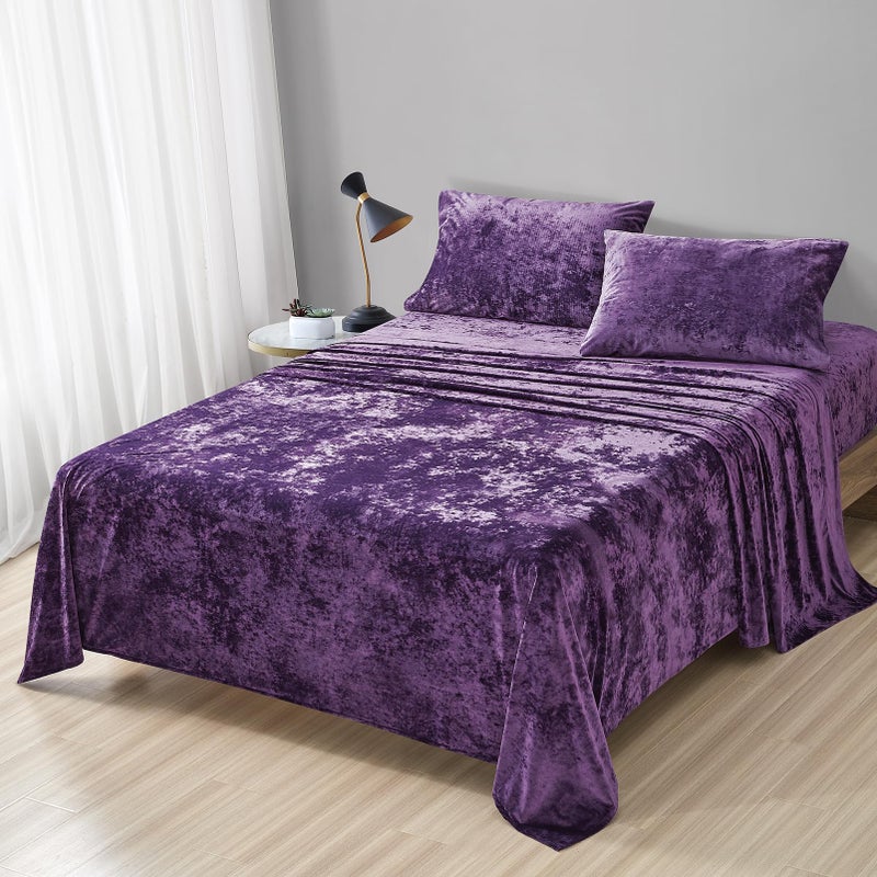 Fredsure Distressed Velvet Sheet Set, 4 Pieces Purple King, Ultra Soft, Warm - Image 1