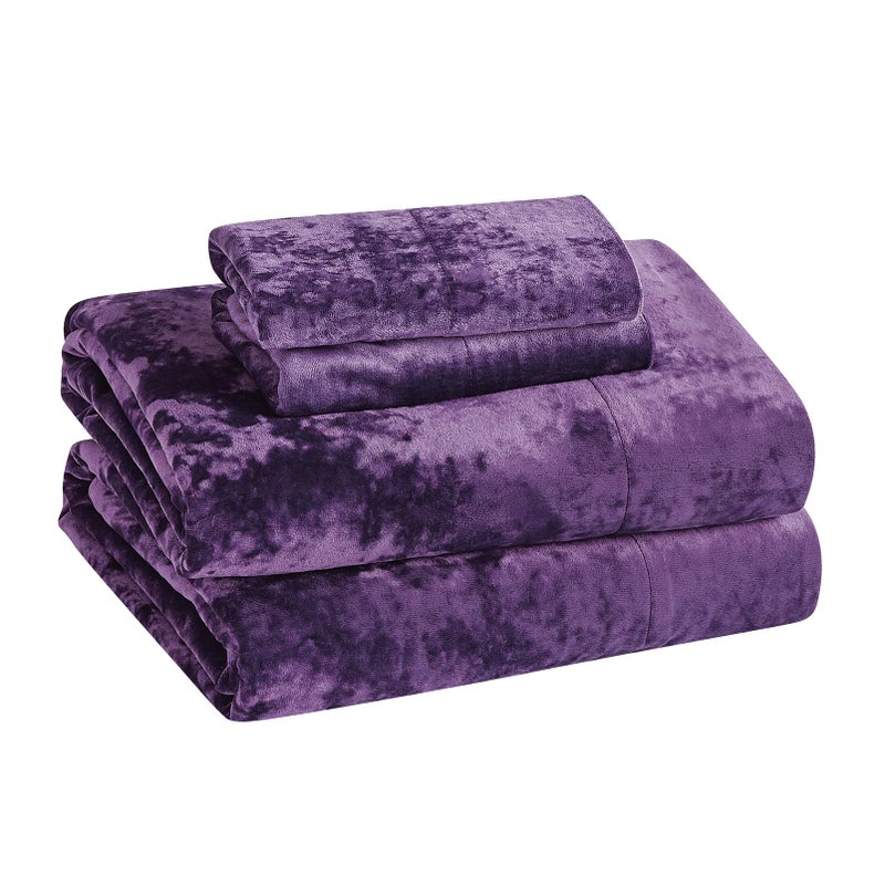 Fredsure Distressed Velvet Sheet Set, 4 Pieces Purple King, Ultra Soft, Warm - Image 4