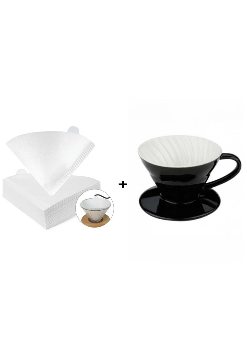 رانك  قمع تقطير V60 سيراميك 02 أسود مع فلاتر قهوة v60 عدد 100 فلتر مقاس 02 حجم كبير ابيض  - Image 1