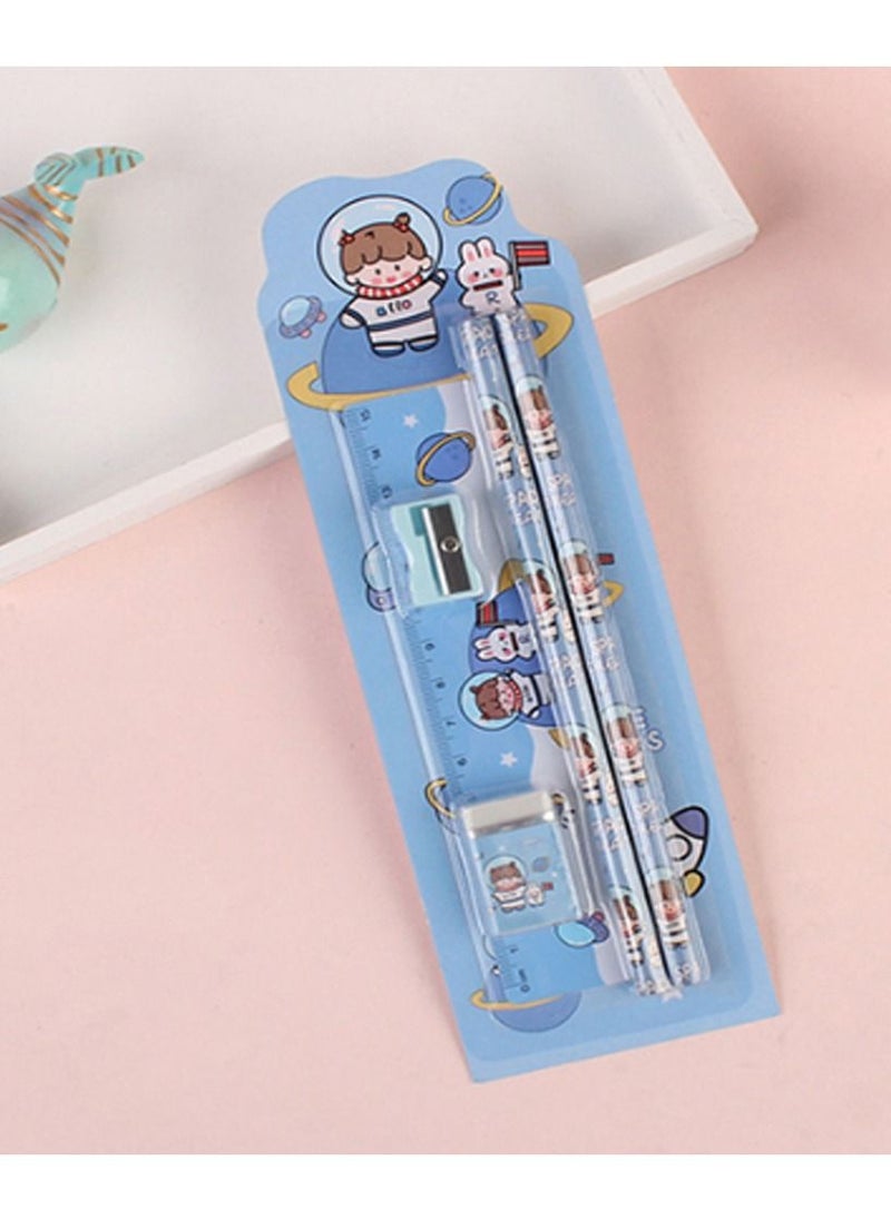 Stationery Set - Pack of 5
Includes: 2 Pencils + 1 Ruler + 1 Eraser + 1 Sharpener-Blue