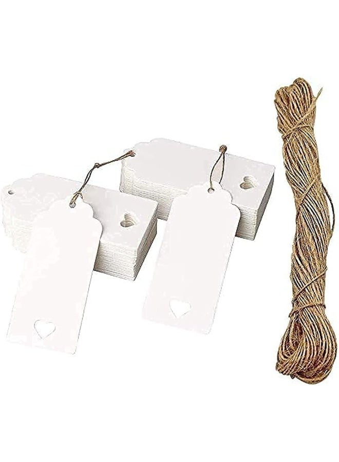 Premify 200 قطعة من بطاقات الهدايا المصنوعة من ورق الكرافت الأبيض مع خيوط الجوت الطبيعية بطول 25 مترًا - تغليف الهدايا باستخدام هذه الملصقات المعلقة على شكل قلب مجوف مستطيل الشكل، وهي علامة مثالية للاستخدام في أعياد الميلاد وحفلات الزفاف - Image 1