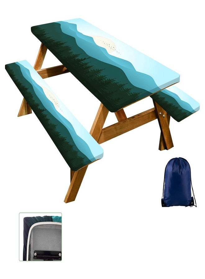 CAPSCEOLL Picnic Table Cover with Bench Covers Waterproof & Windproof Camping Tablecloth Elastic Outdoor Table Protector with Drawstring Bag for Camping Essentials, 72X30in, Green Mountain - Image 1