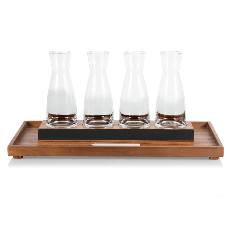 PICNIC TIME LEGACY  a Picnic Time brand Cava Serving Tray and 4 Glass Carafes Mimosa Bar Kit Wine Flight Tasting Set Acacia Wood 