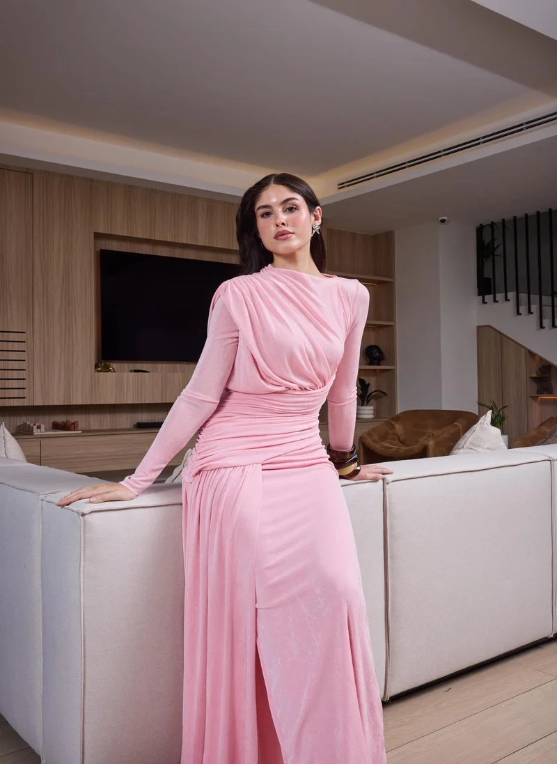 Ashita Fernandes  Ruched Maxi Dress in Baby Pink – Full Sleeve, High Neck, Eid & Party Wear for Women | Best Price UAE