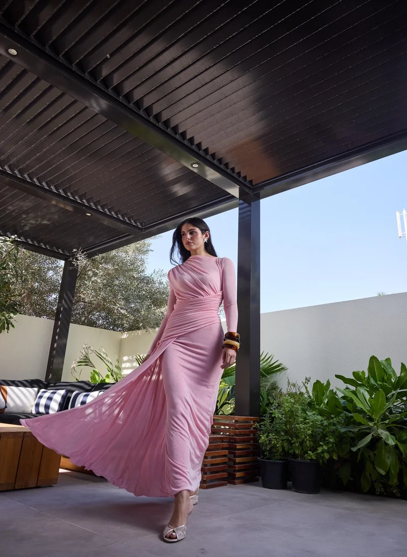 Ashita Fernandes Ruched Maxi Dress in Baby Pink – Full Sleeve, High Neck, Eid & Party Wear