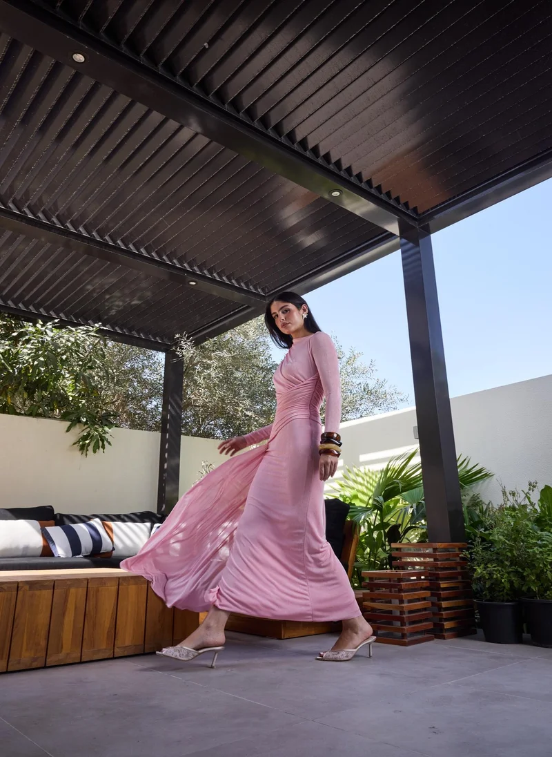 Ashita Fernandes  Ruched Maxi Dress in Baby Pink – Full Sleeve, High Neck, Eid & Party Wear for Women | Best Price UAE