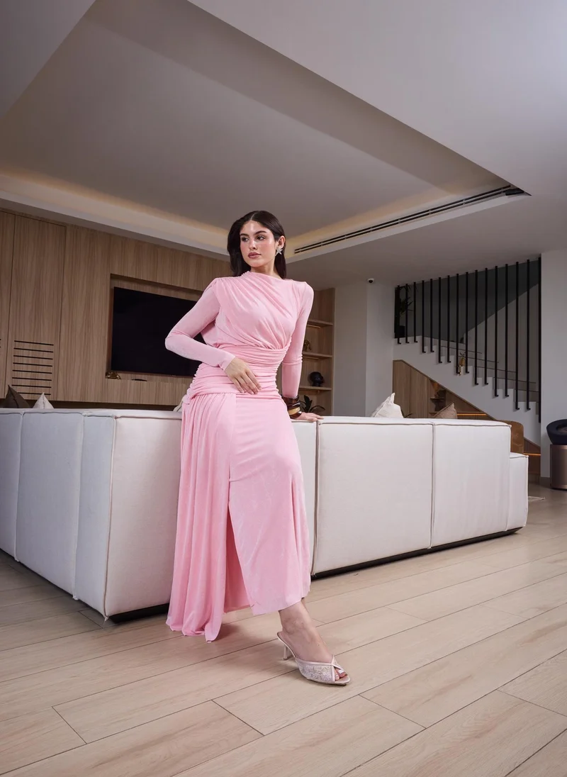 Ashita Fernandes  Ruched Maxi Dress in Baby Pink – Full Sleeve, High Neck, Eid & Party Wear for Women | Best Price UAE