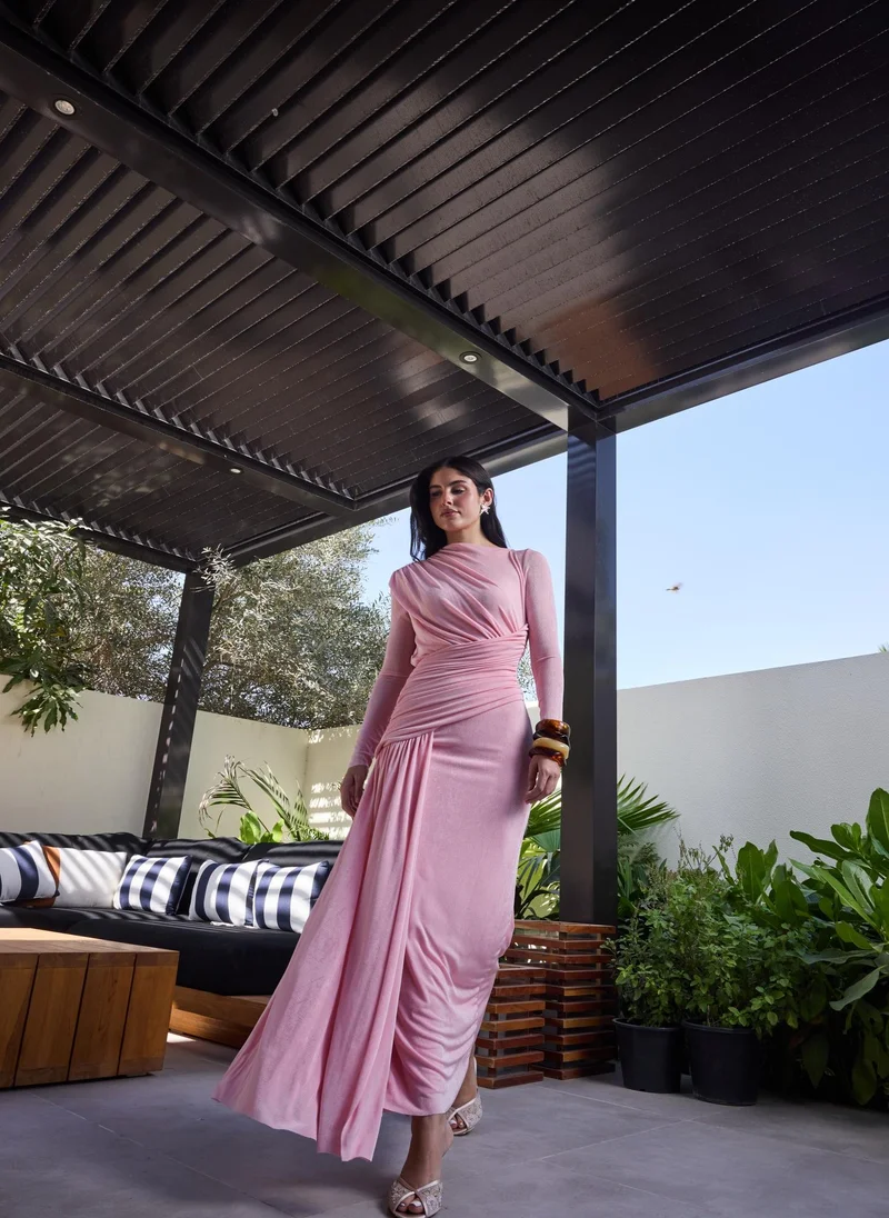 Ruched Maxi Dress in Baby Pink – Full Sleeve, High Neck, Eid & Party Wear