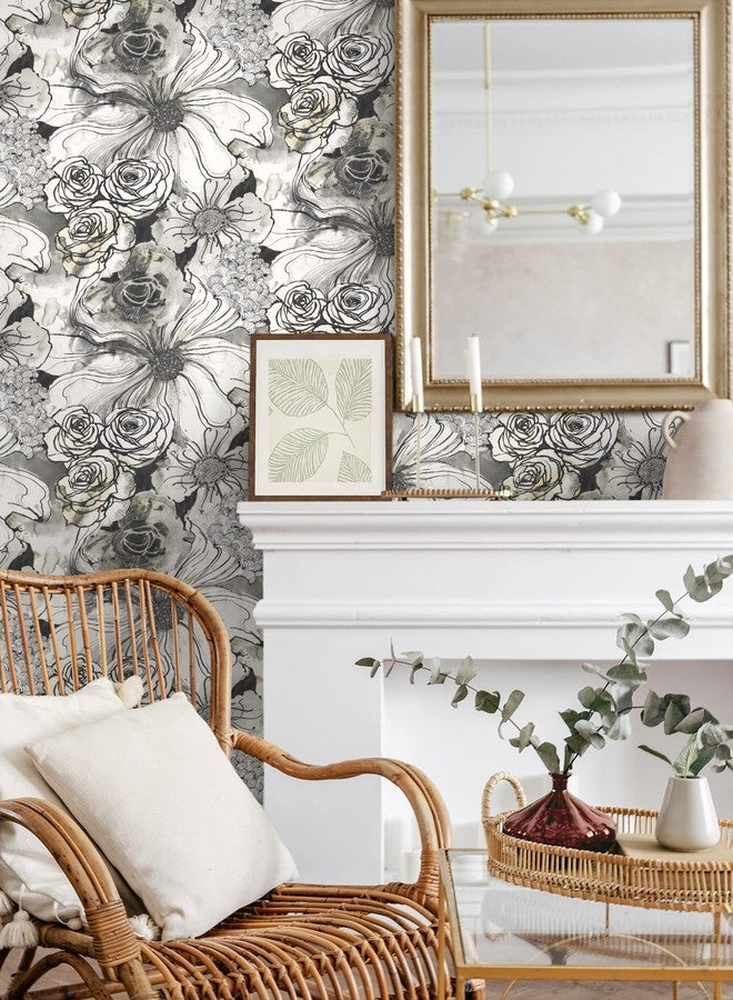 NextWall Harry & Grace Ink Rose Abstract Floral Peel and Stick Wallpaper (Onyx) - Image 2
