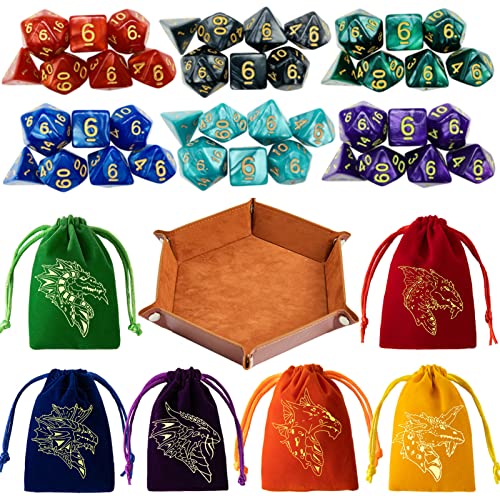 TOYFUL 6 Sets DND Dice Polyhedral Dungeons and Dragons Rolling Dice for RPG MTG Table Games with Free Six Drawstring Bags and PU Leather DD Dice Tray Single with Brown Tray - Image 1