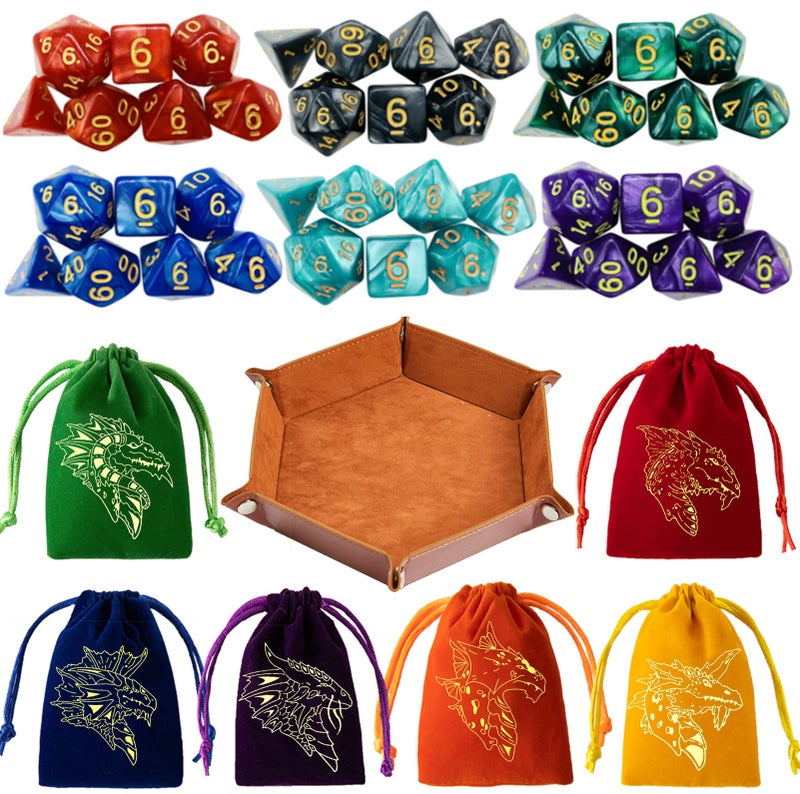 TOYFUL 6 Sets DND Dice Polyhedral Dungeons and Dragons Rolling Dice for RPG MTG Table Games with Free Six Drawstring Bags and PU Leather DD Dice Tray Single with Brown Tray - Image 3