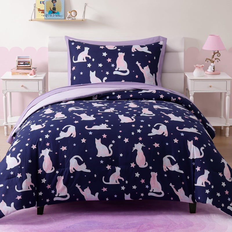 Kaleido Space Twin Comforter Set for Girls Kids 5 Pieces Cute Cat Patterns Twin Bedding Sets for Girls Boys Teen Soft Cozy Bed in A Bag with Sheets - Image 2
