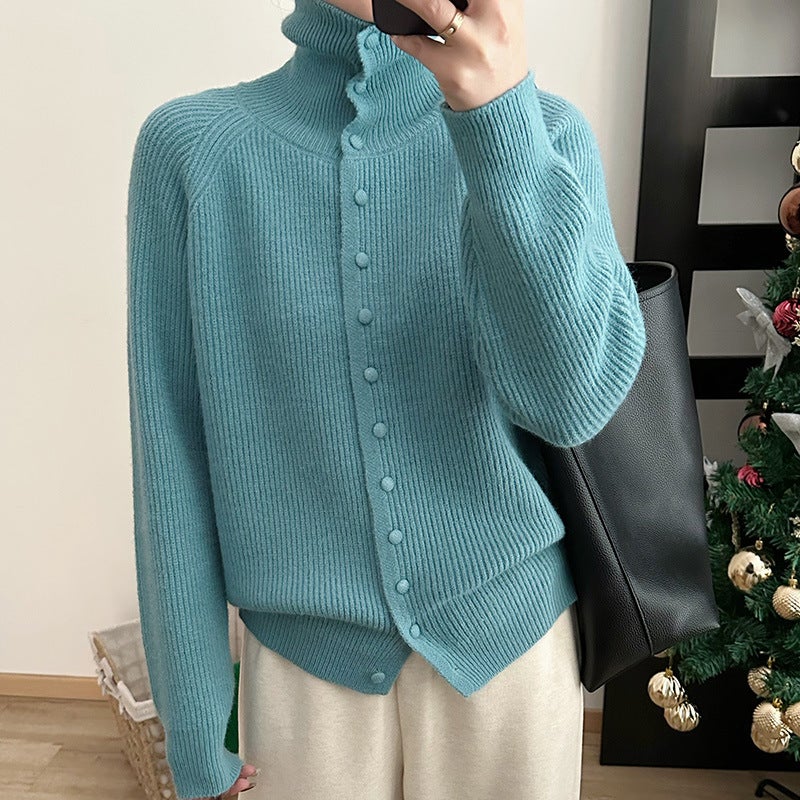 Lazy Style High Neck Soft Waxy Knitted Cardigan Womens European Station 2024 Winter Clothing New European Goods Womens Sweater Coat Trendy lake blue 