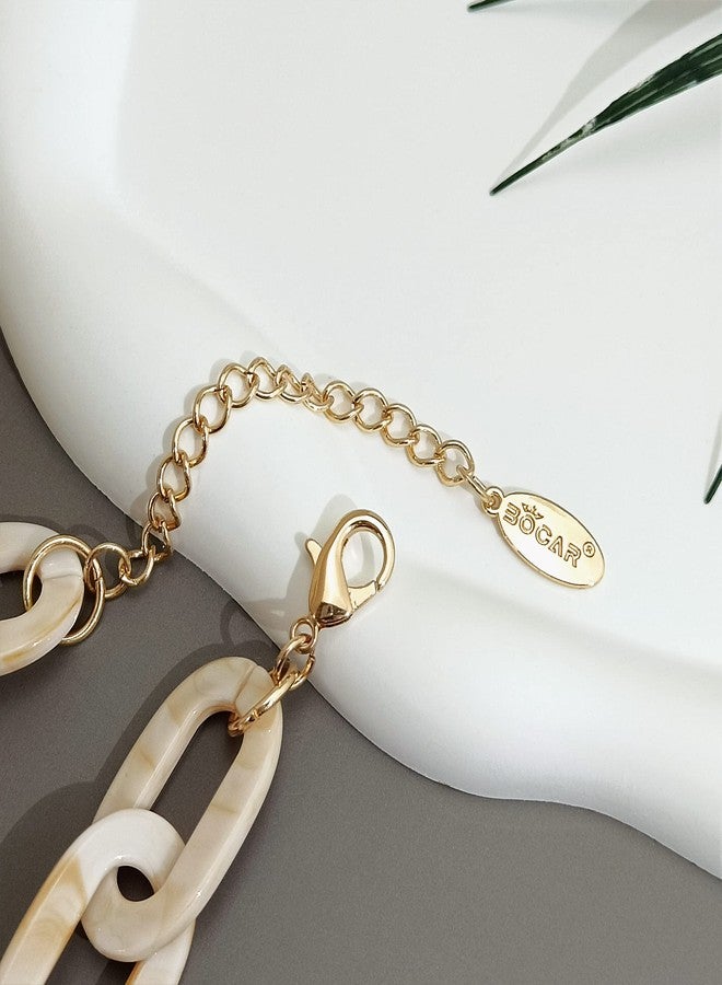 بوكار طقم مجوهرات بوكار للنساء، قلادة سميكة من الأكريليك، سلسلة مكعبة، طوق، وأقراط حلقية (NK-10667-أبيض عتيق) - Image 4