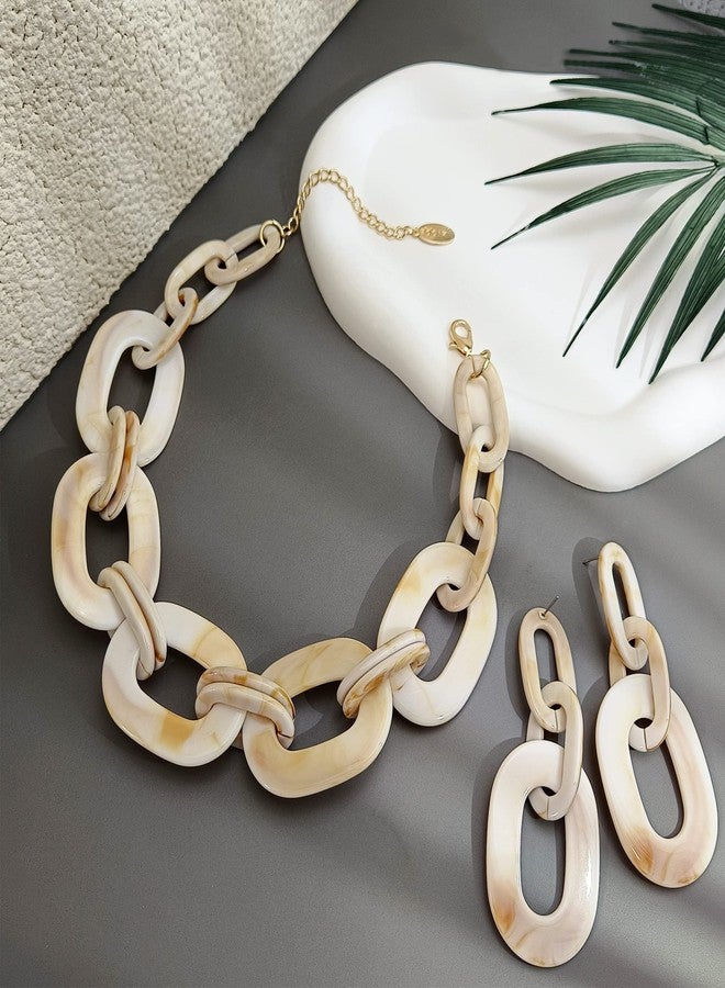 بوكار طقم مجوهرات بوكار للنساء، قلادة سميكة من الأكريليك، سلسلة مكعبة، طوق، وأقراط حلقية (NK-10667-أبيض عتيق) - Image 2