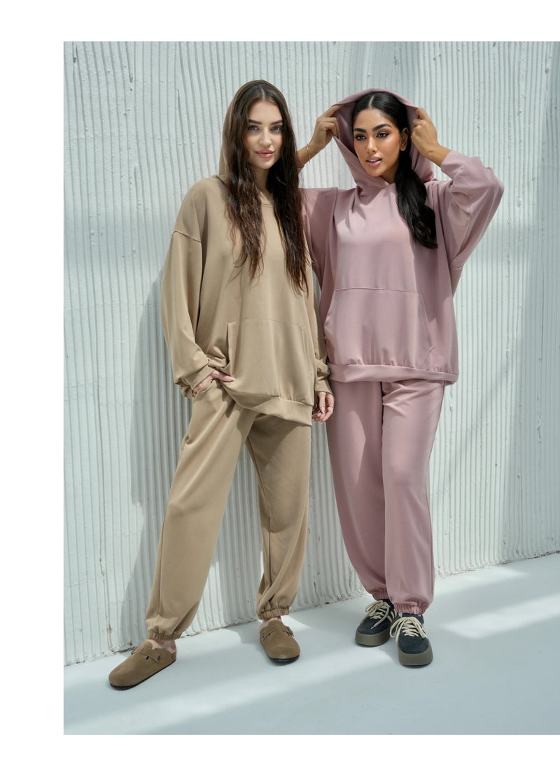 Andy 6616 | Women's Cotton Oversized Two-Piece Hoodie Set Relaxed Fit Hoodie with Front Pocket and Jogger Pants | Pink  - Image 2
