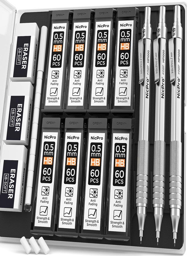 Nicpro 0.5 Mechanical Pencil Set with Case, 3PCS MP1000 Metal Artist Pencil & 8 Tube HB Lead Refills 0.5mm, 3 Erasers,9 Eraser Refills For Architect Writing Drafting, Drawing, Engineering, Sketching - Image 1